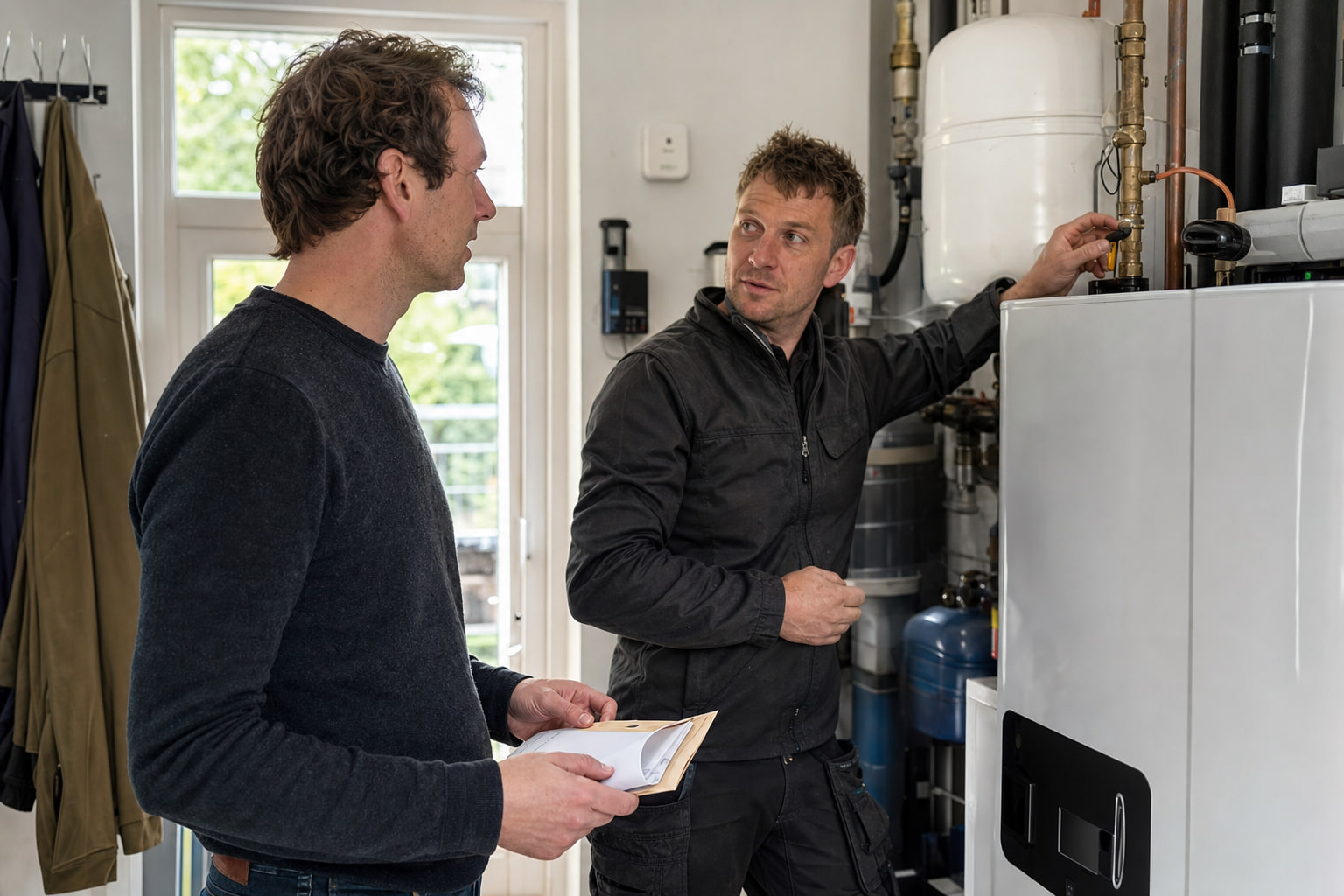 Bewoner bespreekt de voortgang van zijn warmtepompinstallatie met de monteur