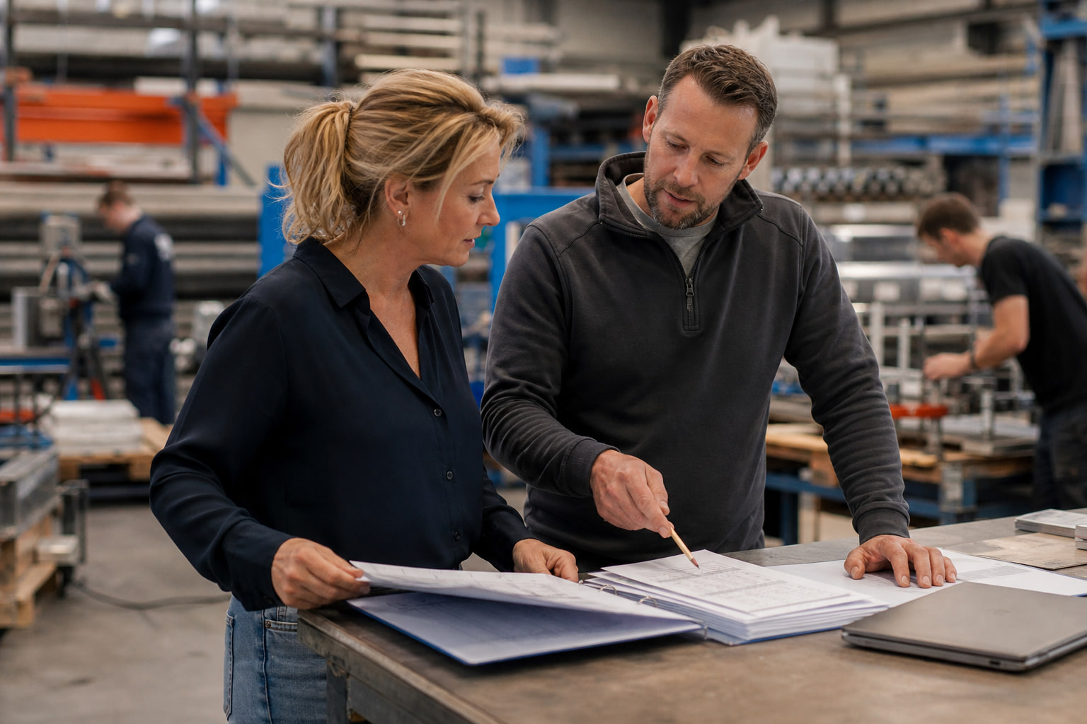 Directeur en projectmanager van een installatiebedrijf bespreken projectcijfers