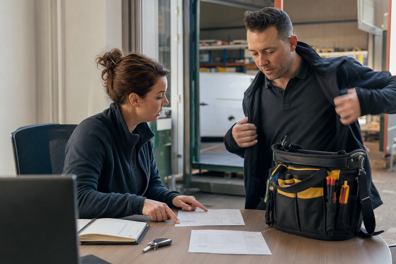 Planner bespreekt de dagplanning en werkbonnen met een monteur