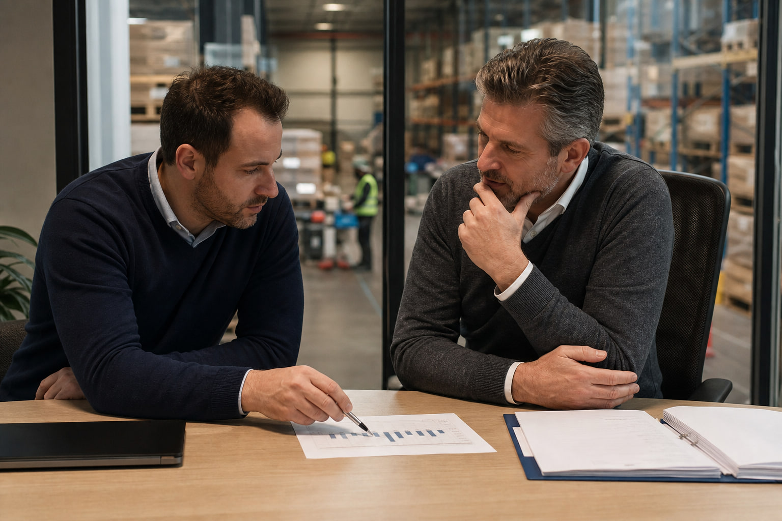 Controller en commercieel manager bespreken de omzetprognose van een logistiek bedrijf
